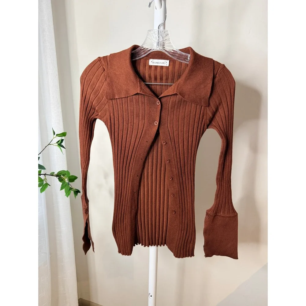 Rumours Brown Ribbed Knit Collared Cardigan Wide Cuff Button Front Top Small